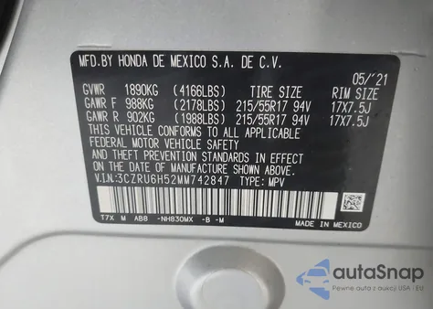 2021 Honda Hr-V Awd Ex z USA, uszkodzony, nr VIN 3CZRU6H52MM742847